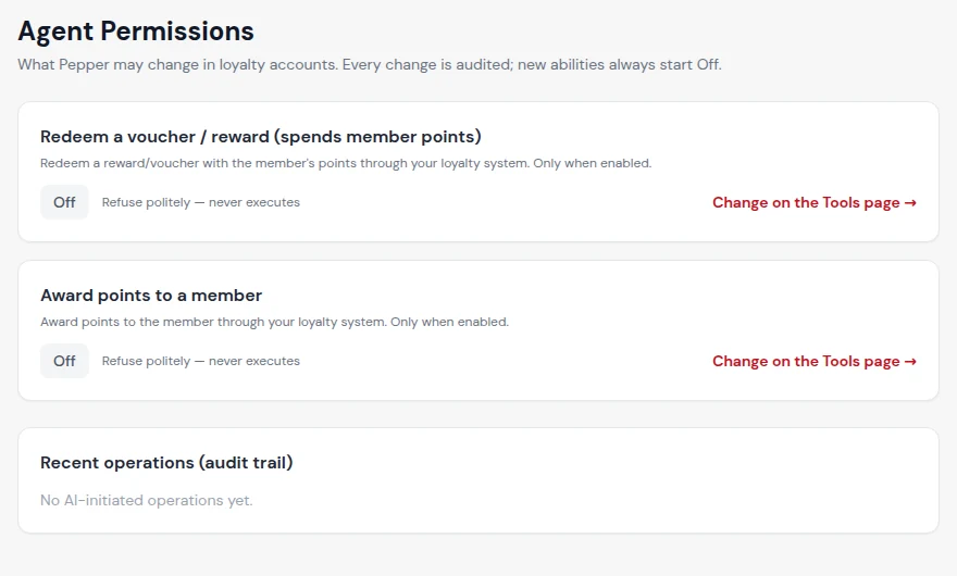 Permissions: redeem a voucher and award points, both off, with an audit trail below