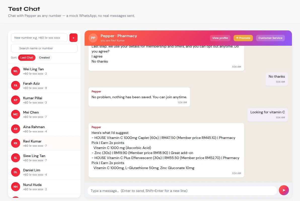 Test Chat: a customer asks for vitamin C and Pepper suggests the house brand first, with member prices and an add-on, and no real message sent