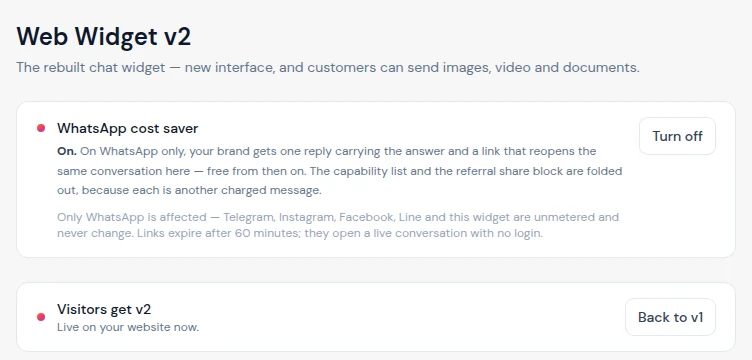 Web chat settings: the WhatsApp cost saver switched on, and visitors getting the new chat