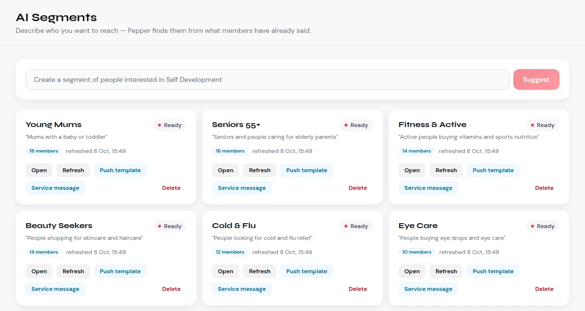 AI Segments built from what members asked about: Young Mums, Seniors 55+, Cold & Flu, Eye Care and more