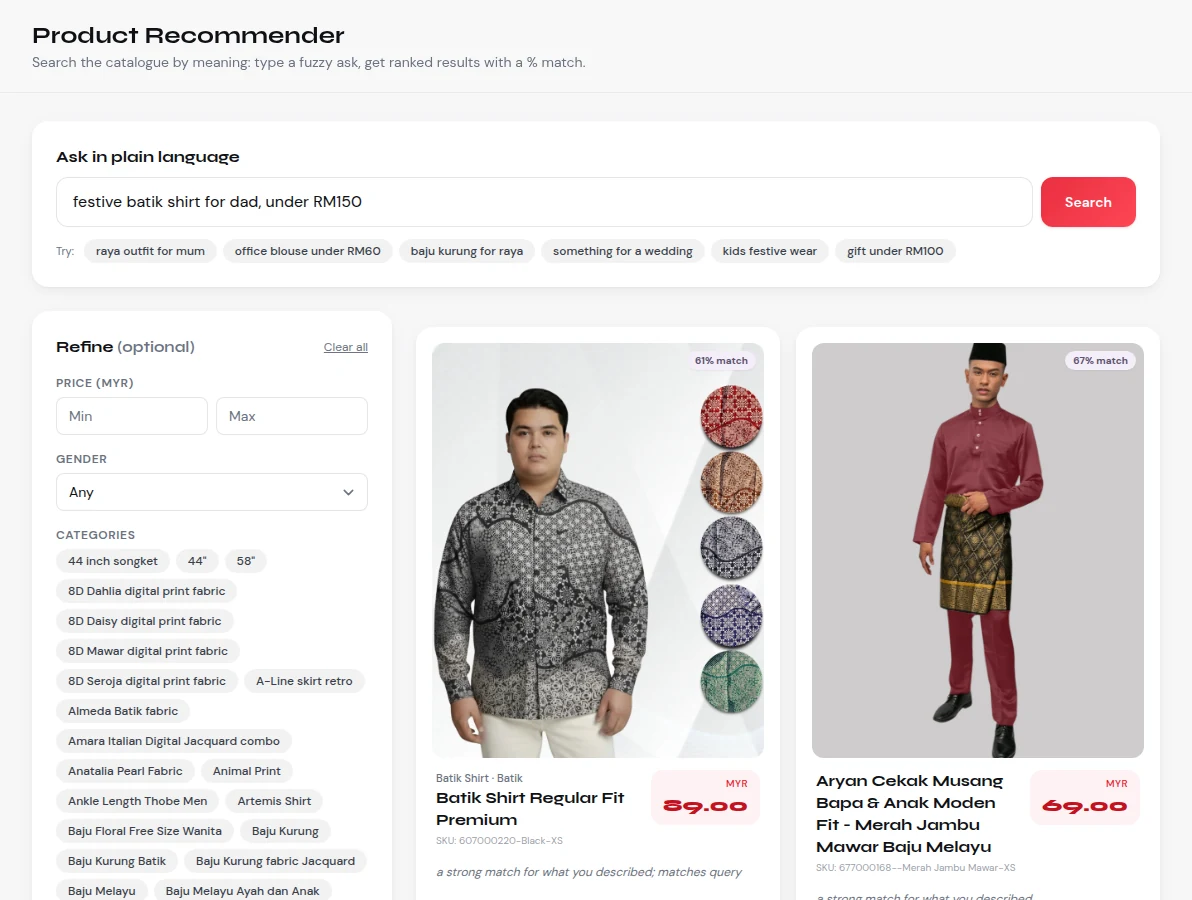 Product search ranks the live catalogue by meaning, with a match score for each item